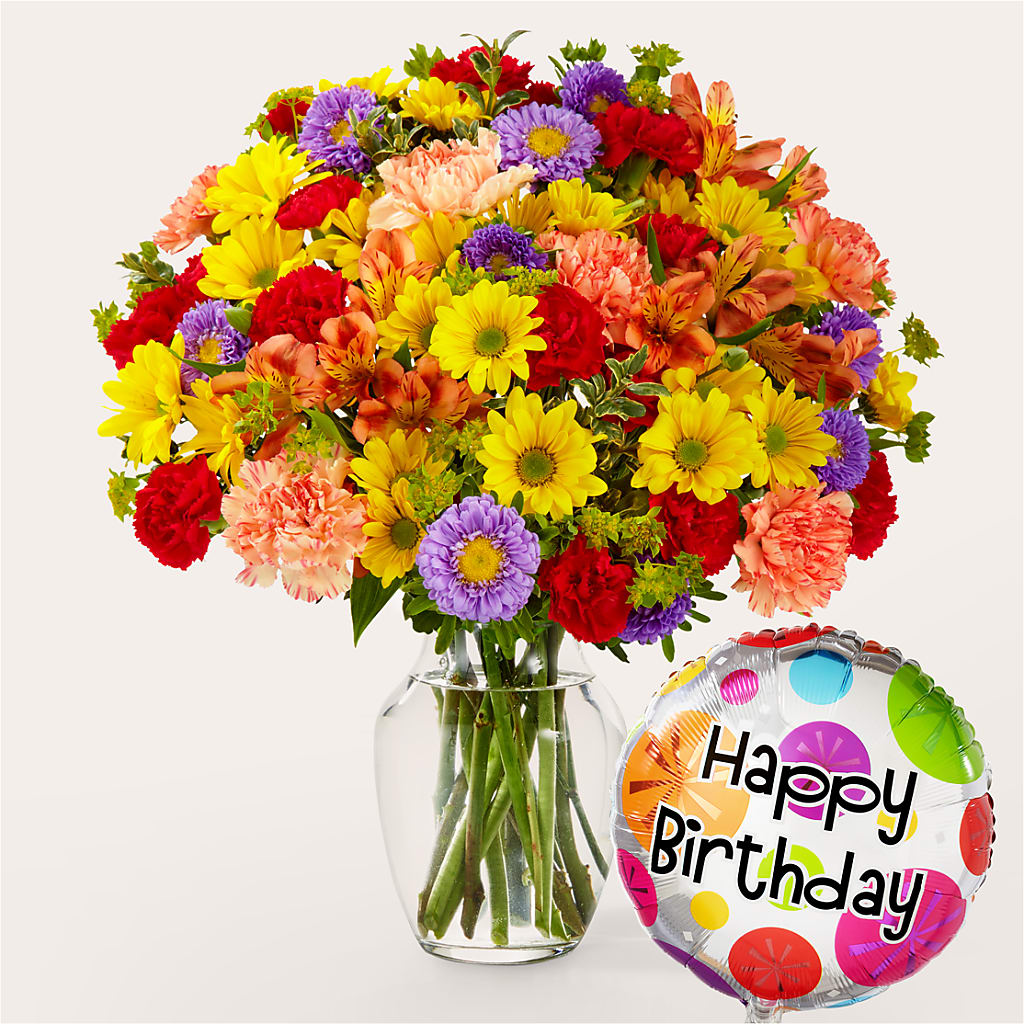 Kaleidoscope Bouquet with Birthday Balloon – Akd Florist, Santa Maria CA