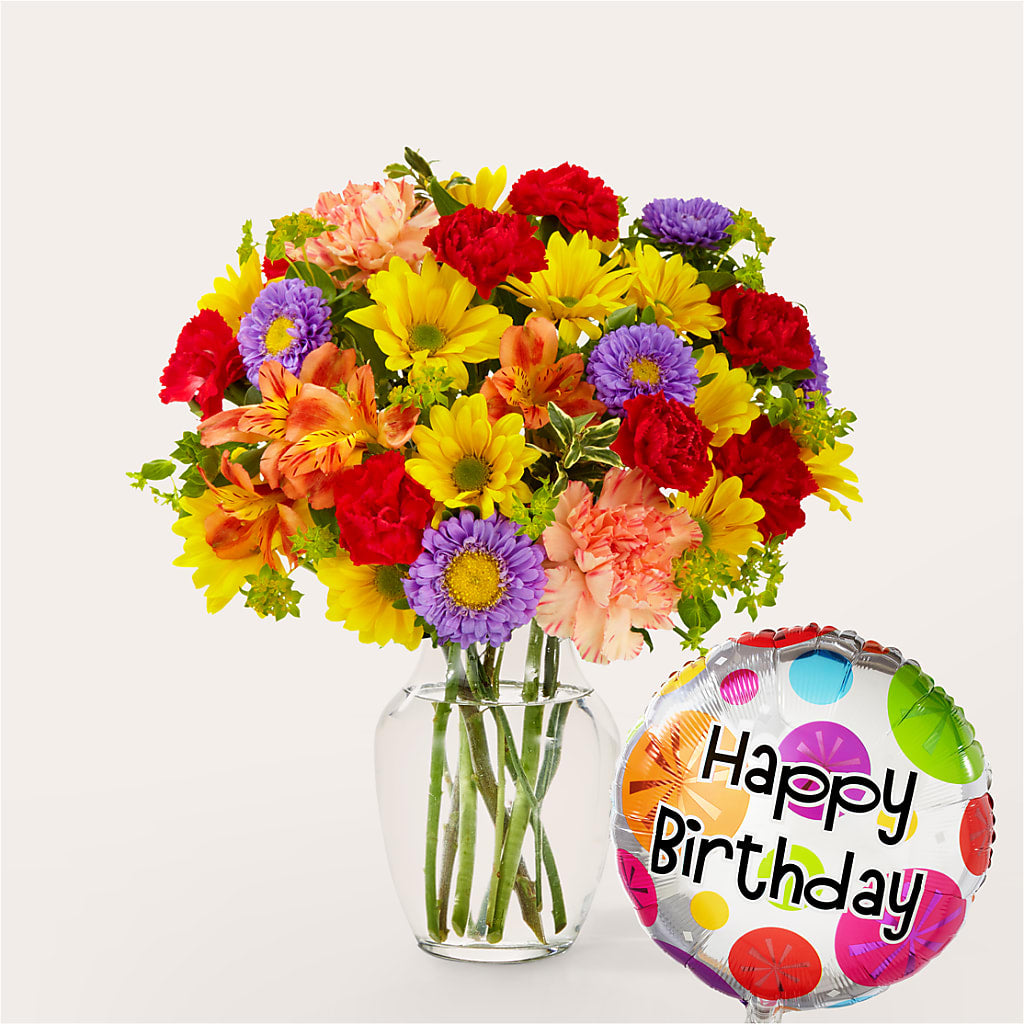 Kaleidoscope Bouquet with Birthday Balloon – Akd Florist, Santa Maria CA
