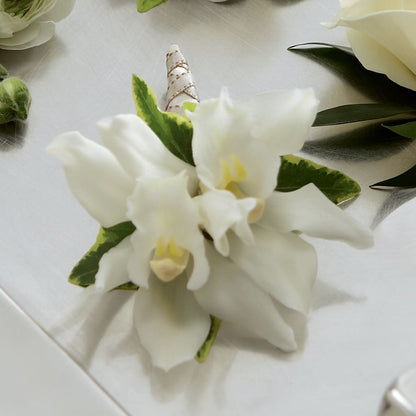White Mini Cymbidium Boutonniere –  Akd Florist, Santa Maria CA